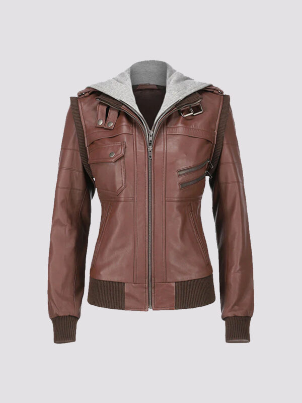 Women Hooded Brown Leather Jacket