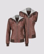 Women Hooded Brown Leather Jacket