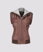Women Hooded Brown Leather Jacket