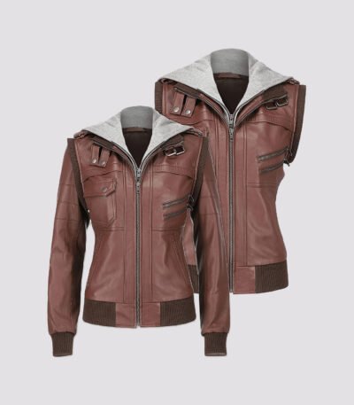 Women Hooded Brown Leather Jacket