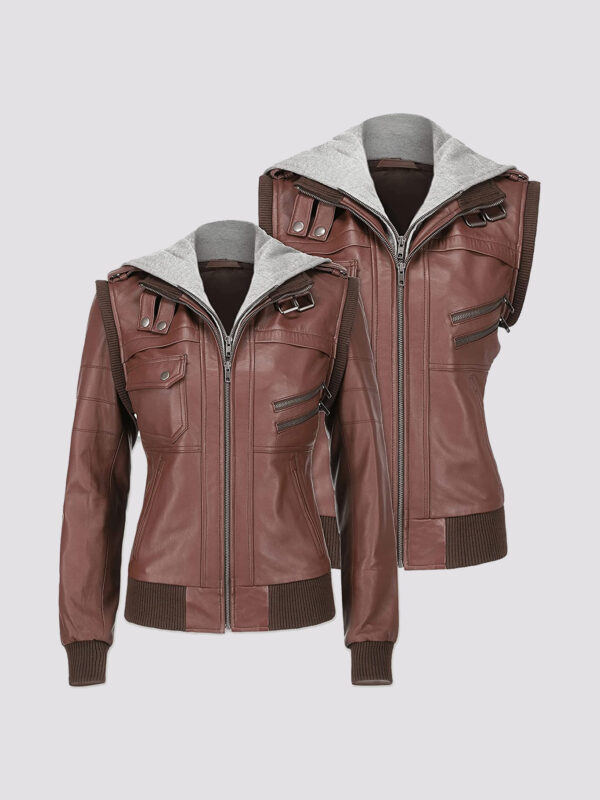 Women Hooded Brown Leather Jacket