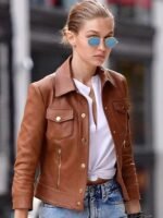 Gigi Hadid Brown Slim Fit Leather Jacket