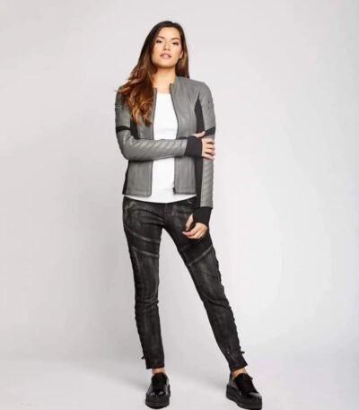 Grey and Black Leather Jacket for Women