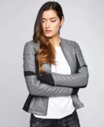 Grey and Black Leather Jacket for Women
