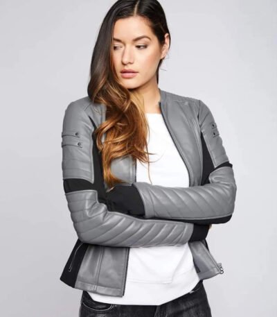 Grey and Black Leather Jacket for Women