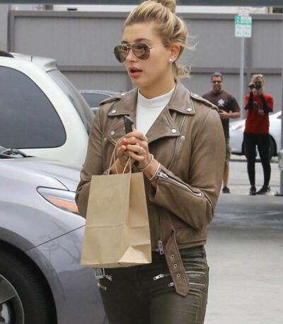 Hailey Baldwin Bieber Brown Biker Leather Jacket