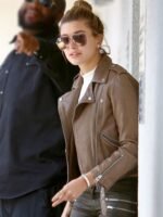 Hailey Baldwin Bieber Brown Biker Leather Jacket