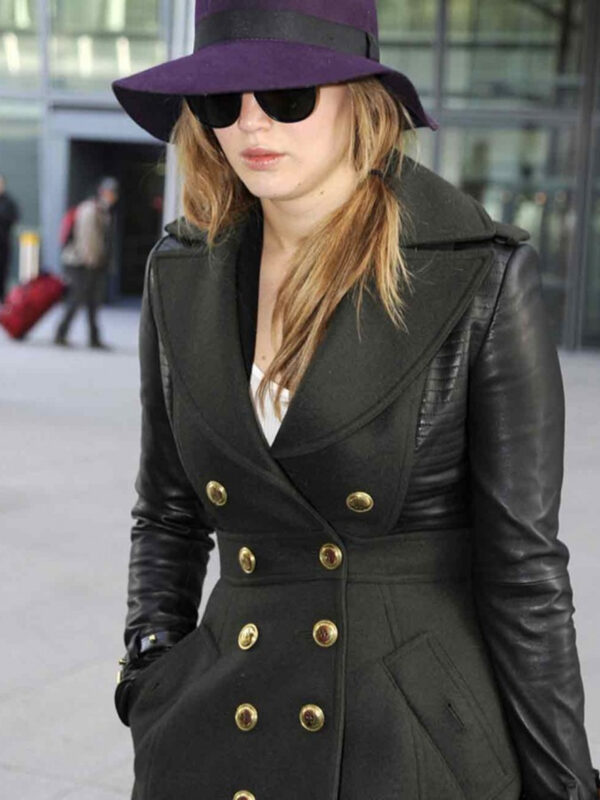Jennifer Lawrence In Leather Sleeved Coat