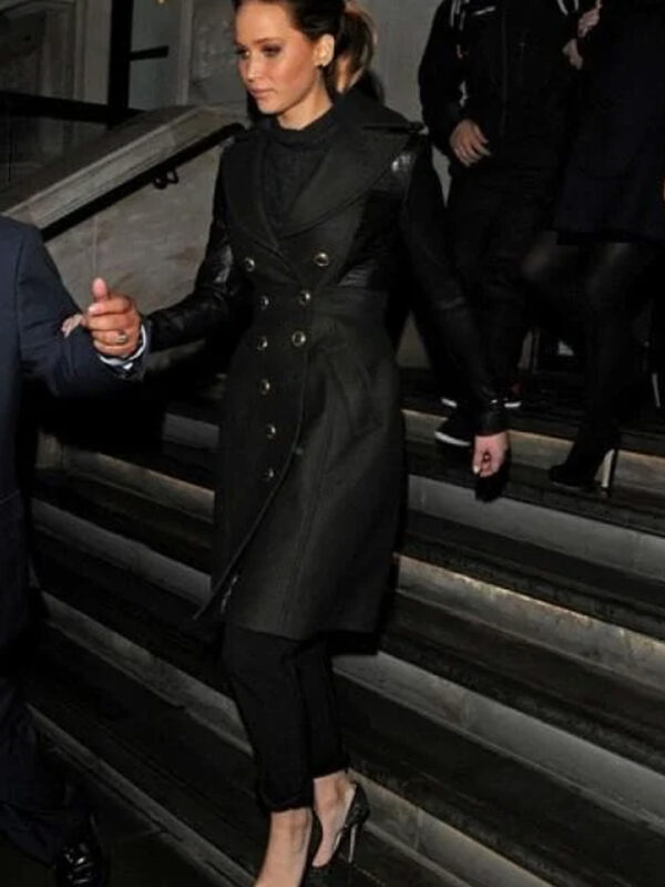 Jennifer Lawrence In Leather Sleeved Coat