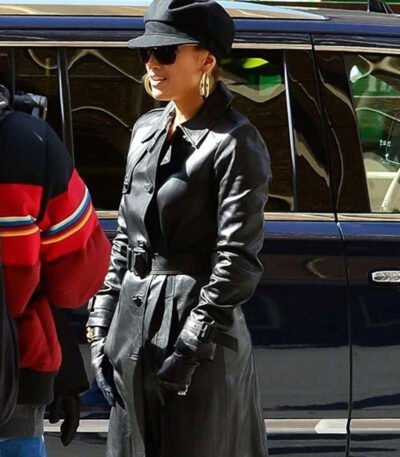 Jennifer Lopez Black Leather Trench Coat