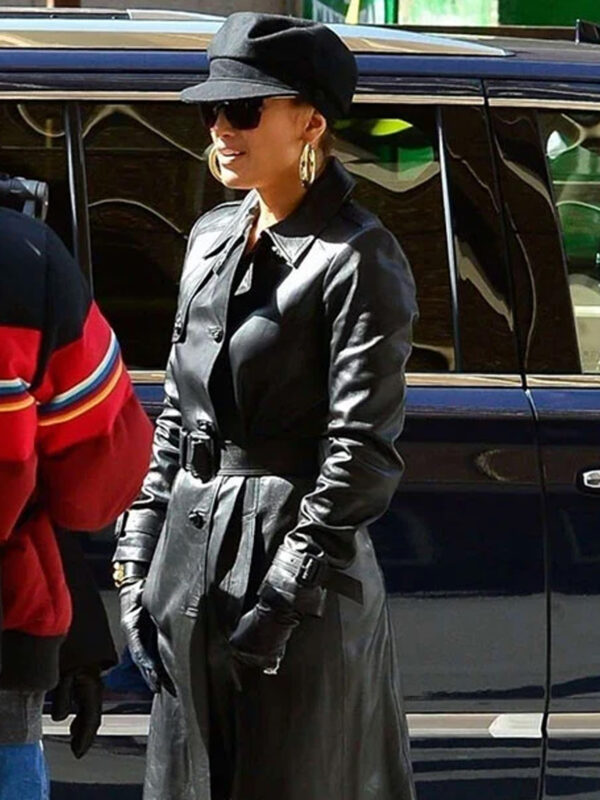 Jennifer Lopez Black Leather Trench Coat