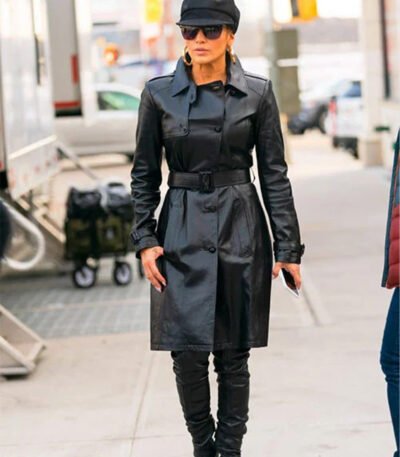 Jennifer Lopez Black Leather Trench Coat