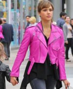 Jessica Alba Hot Pink Womens Biker Leather Jacket