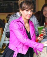 Jessica Alba Hot Pink Womens Biker Leather Jacket