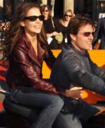 Katie Holmes Maroon Leather Jacket