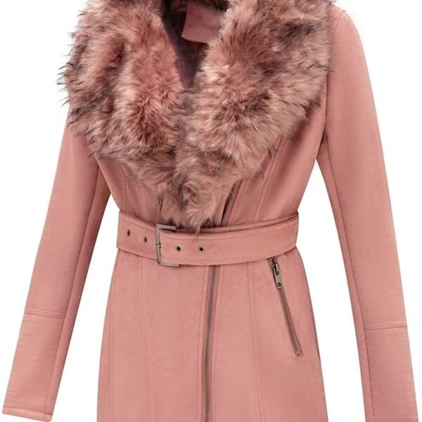 Shearling Pink Coat with Faux Fur Collar long coat in leather for Women