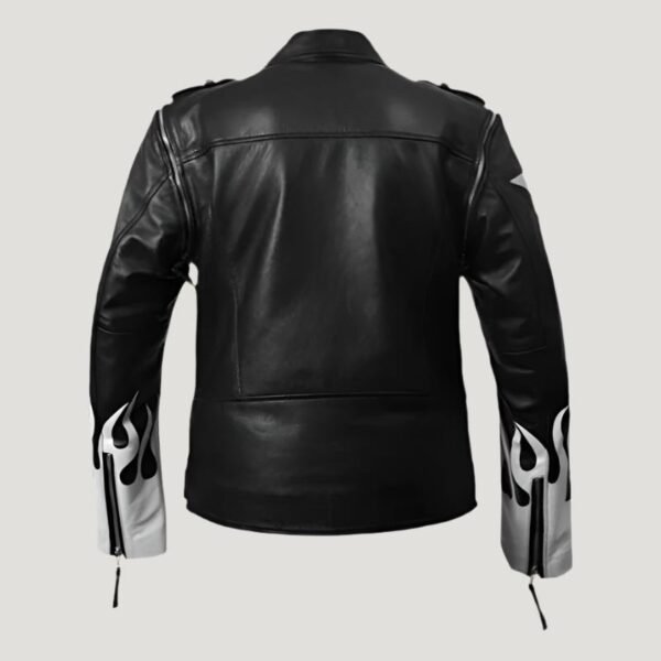 Black Leather Jacket with White Flames