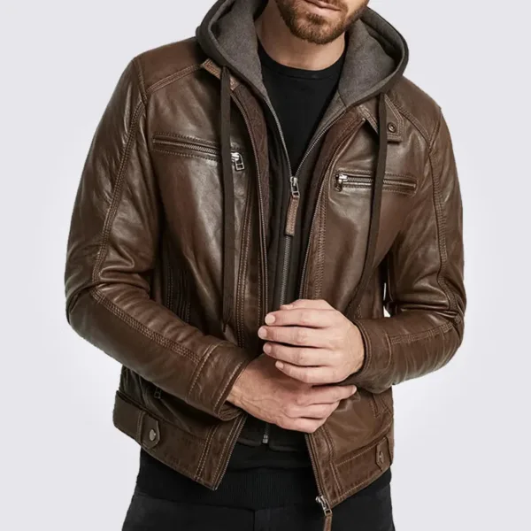 Dark Brown Hooded Motorcycle Leather Jacket