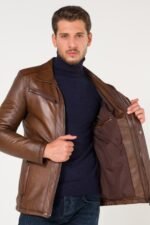 Original Horizontal Vertical Zipper Brown Leather Jacket