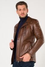 Original Horizontal Vertical Zipper Brown Leather Jacket