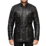 3/4 Length Black Leather Jacket Coat For Men