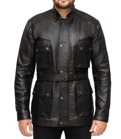 3/4 Length Black Leather Jacket Coat For Men