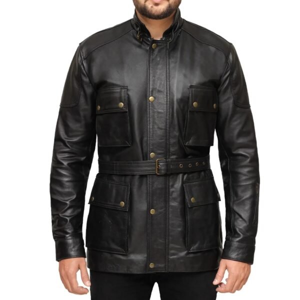 34 Length Black Leather Jacket Coat for men