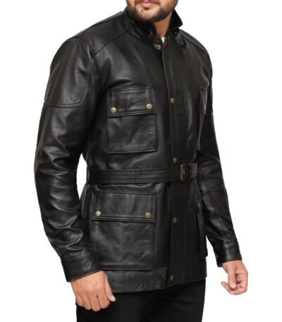 3/4 Length Black Leather Jacket Coat For Men
