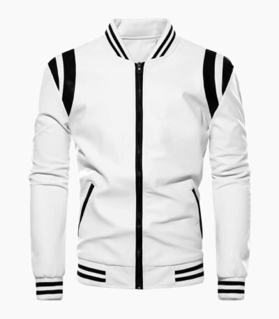 Autumn Winter Bomber Men Leather Jacket White and Black
