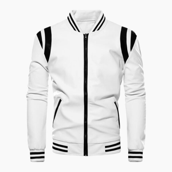 Autumn Winter Bomber Men Leather Jacket White and Black