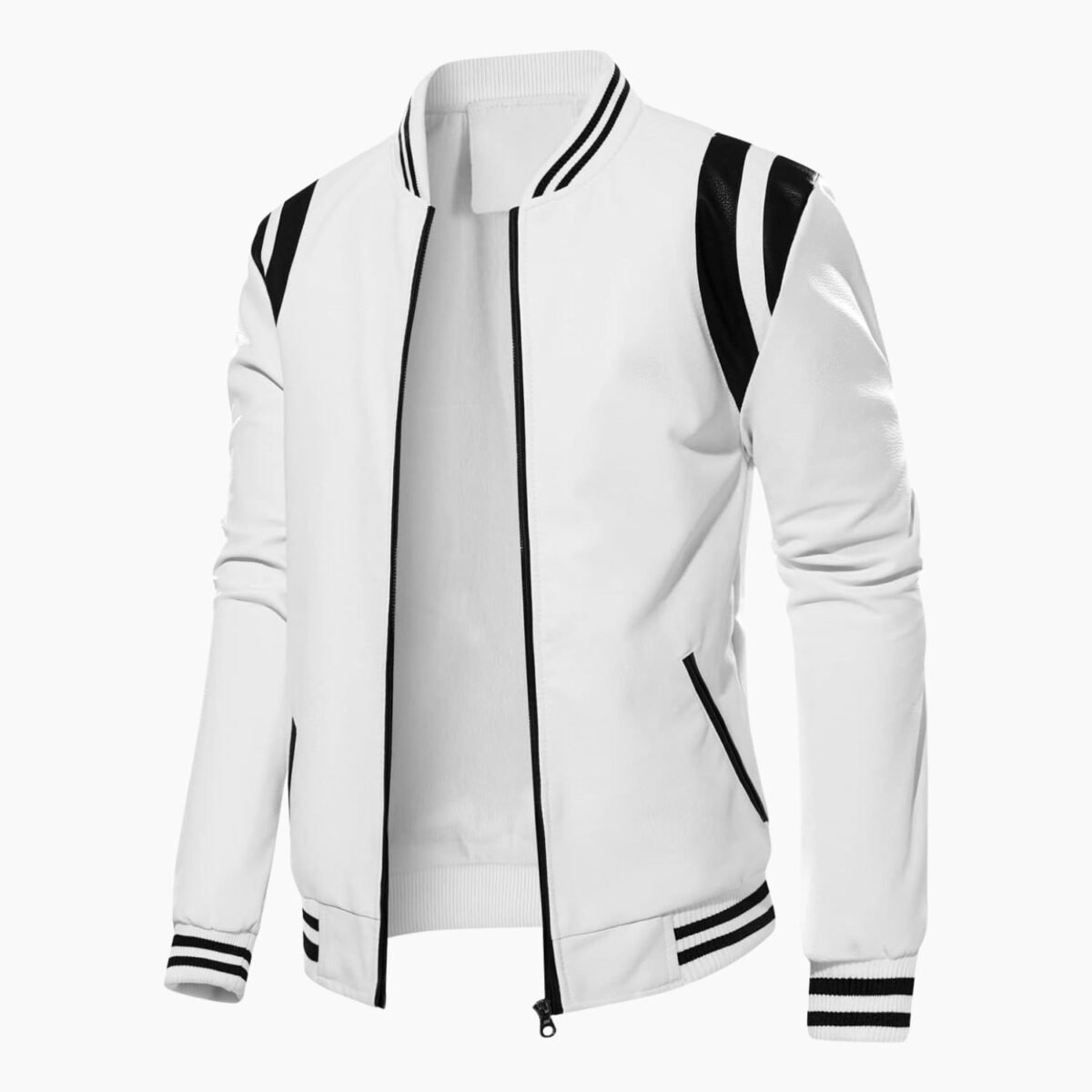 Autumn Winter Bomber Men Leather Jacket White and Black