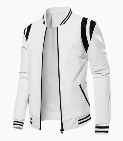 Autumn Winter Bomber Men Leather Jacket White and Black