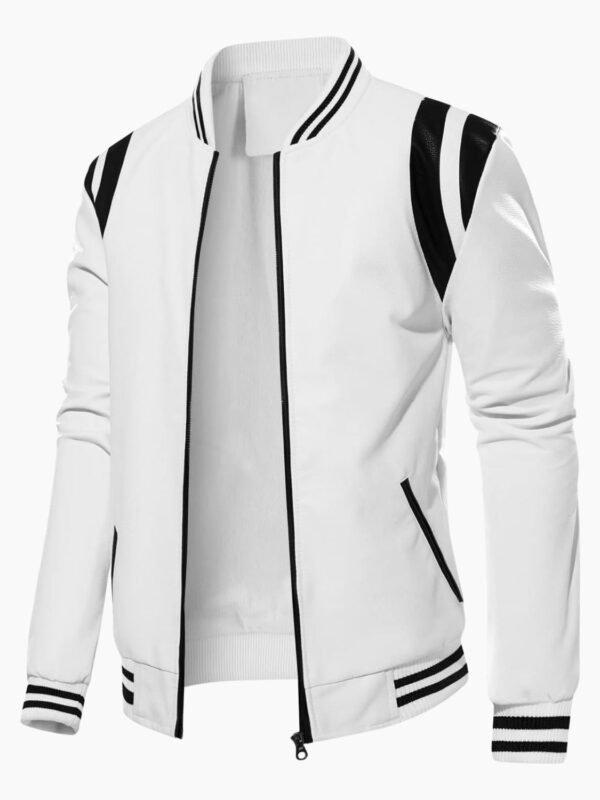 Autumn Winter Bomber Men Leather Jacket White and Black