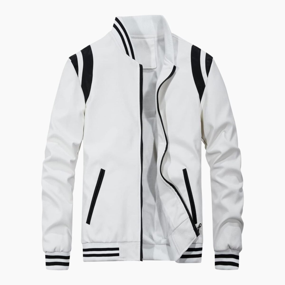 Autumn Winter Bomber Men Leather Jacket White and Black