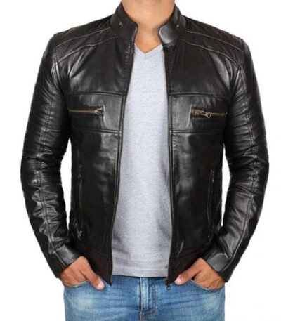 Black Cafe Racer Leather Jacket For Man
