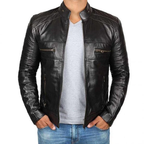 Black Cafe Racer Leather Jacket For Man