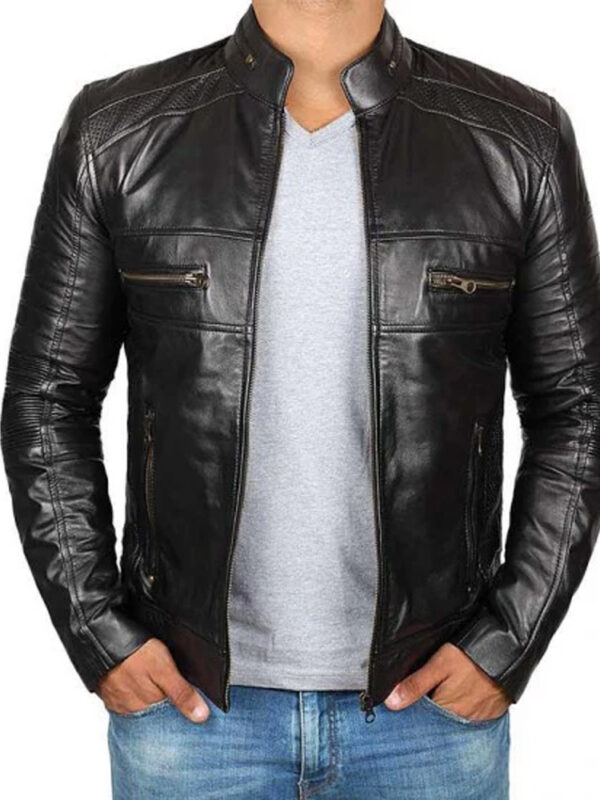 Black Cafe Racer Leather Jacket For Man