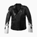 Black Leather Jacket with White Flames