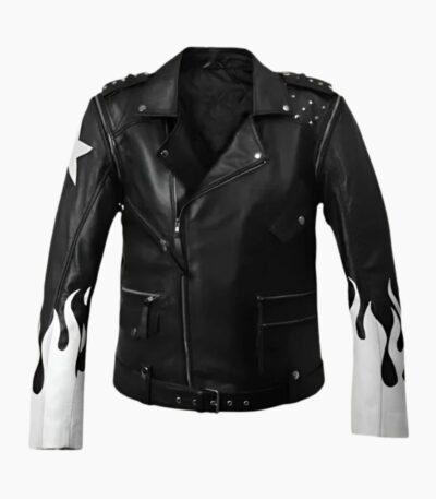 Black Leather Jacket with White Flames
