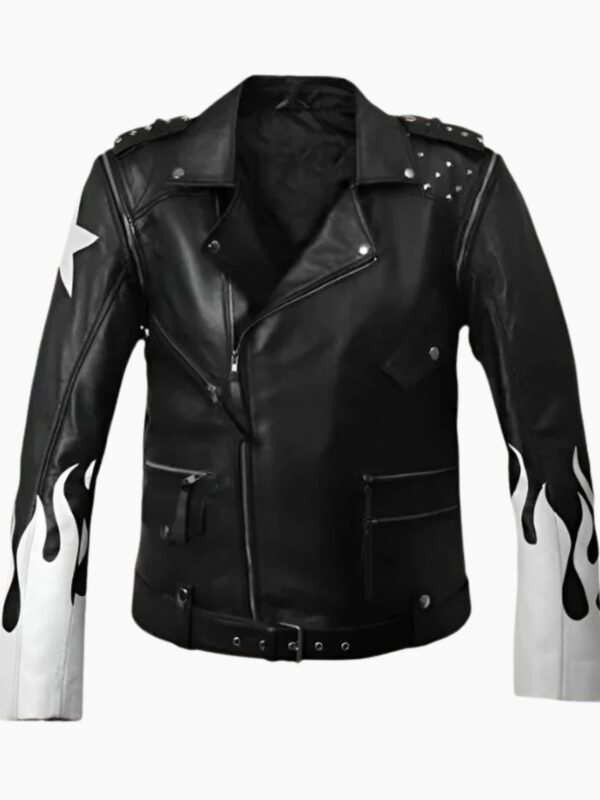Black Leather Jacket with White Flames