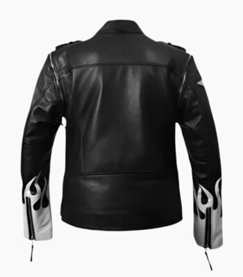 Black Leather Jacket with White Flames