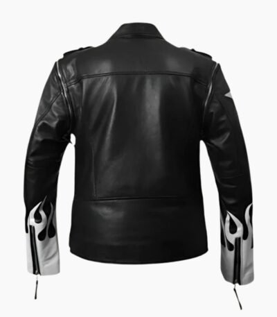Black Leather Jacket with White Flames