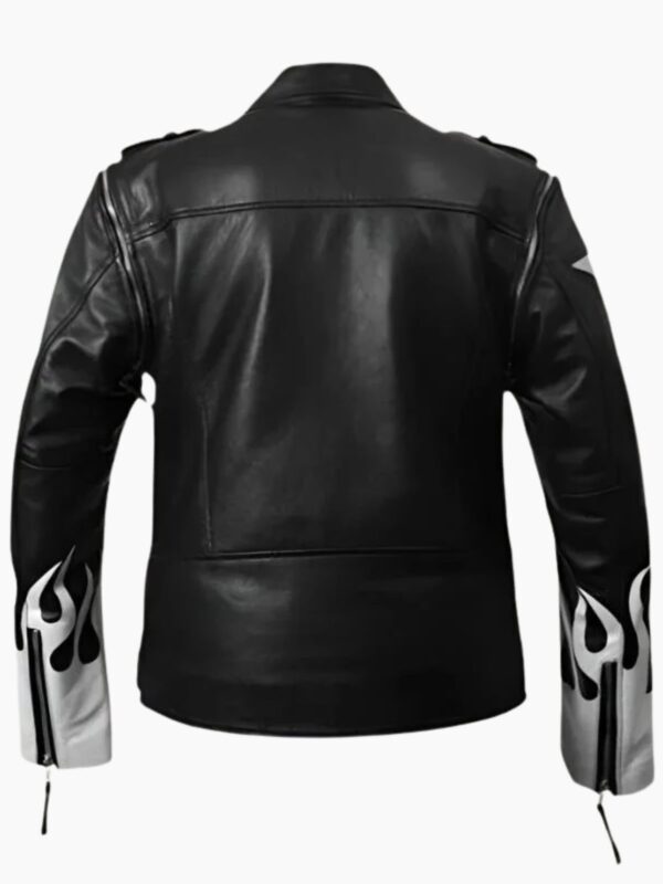 Black Leather Jacket with White Flames