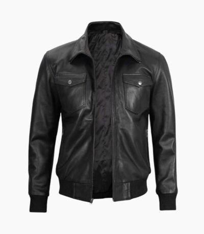 Black Mens Leather Bomber Jacket with Hood