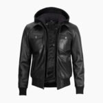 Black Mens Leather Bomber Jacket with Hood