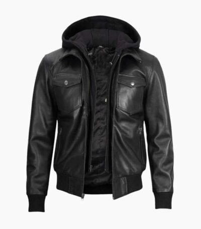 Black Mens Leather Bomber Jacket with Hood