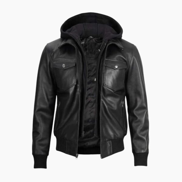 Black Mens Leather Bomber Jacket with Hood