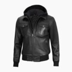 Black Mens Leather Bomber Jacket with Hood