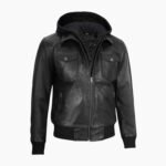 Black Mens Leather Bomber Jacket with Hood