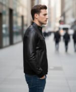 Black Leather Jacket With Straight Ribbed Collar